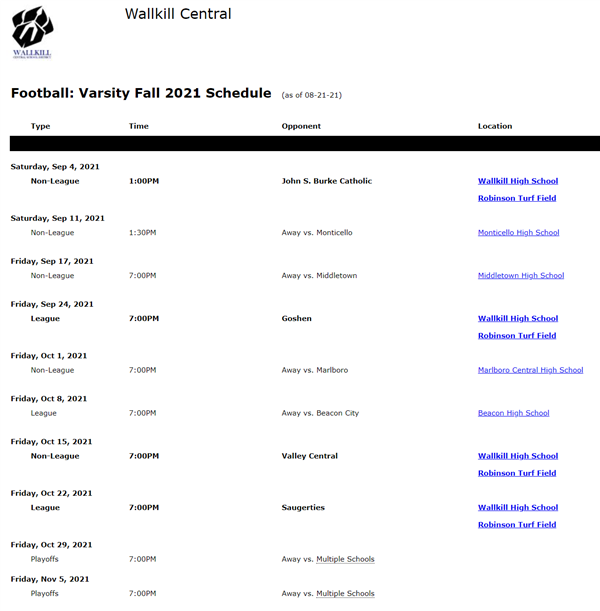 Varsity football schedule